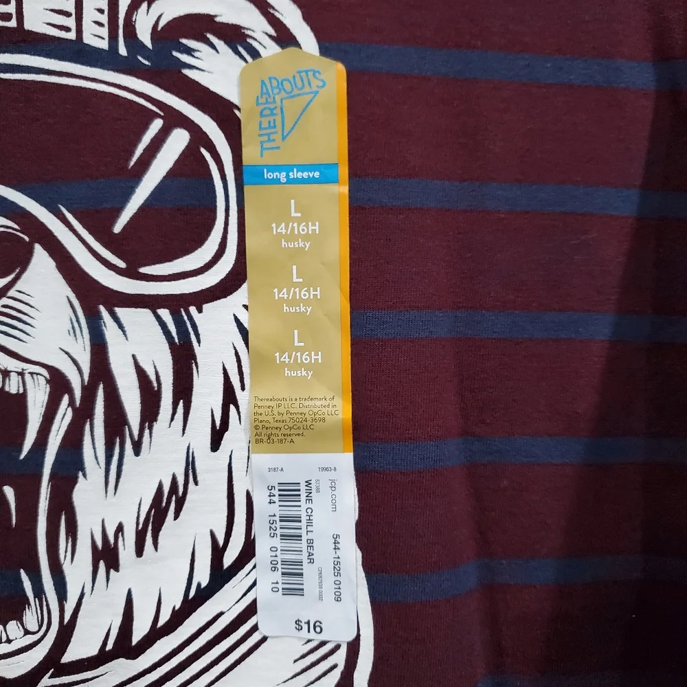 There Abouts Boys Graphic Long Sleeve T-SHIRT Size L 14/16 Husky Tee Burgundy